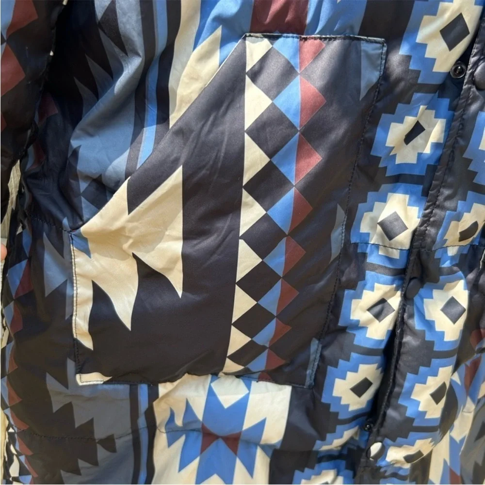 Blast Off Blue Aztec Patterned Men's Puffer Coat - Picture 6 of 13